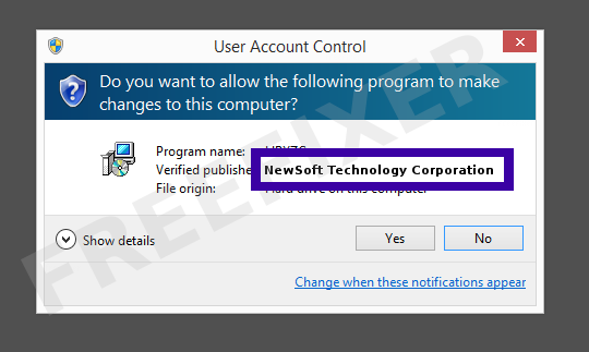 Screenshot where NewSoft Technology Corporation appears as the verified publisher in the UAC dialog